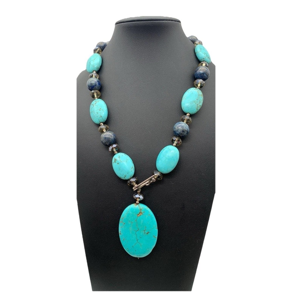 Stunning Dyed Turquoise Howlite Lapis Lazuli & Faceted Crystal Necklace 16"‎
